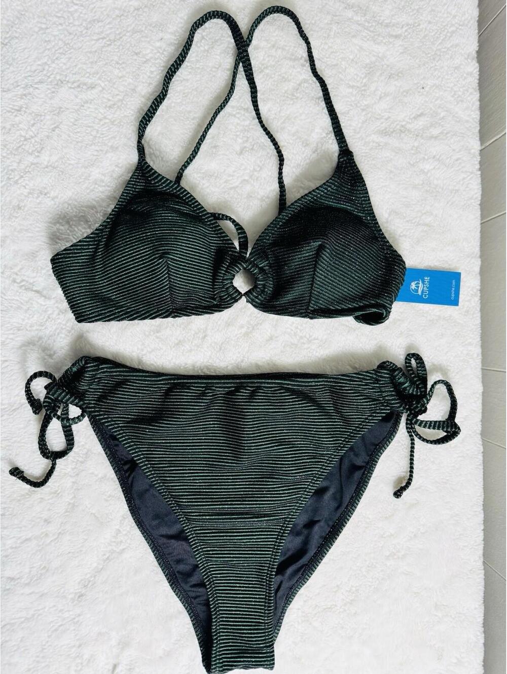 CUPSHE Metalic Green Bikini 2Piece Set Swimsuit V Neck Low Rise Women Large Nwt